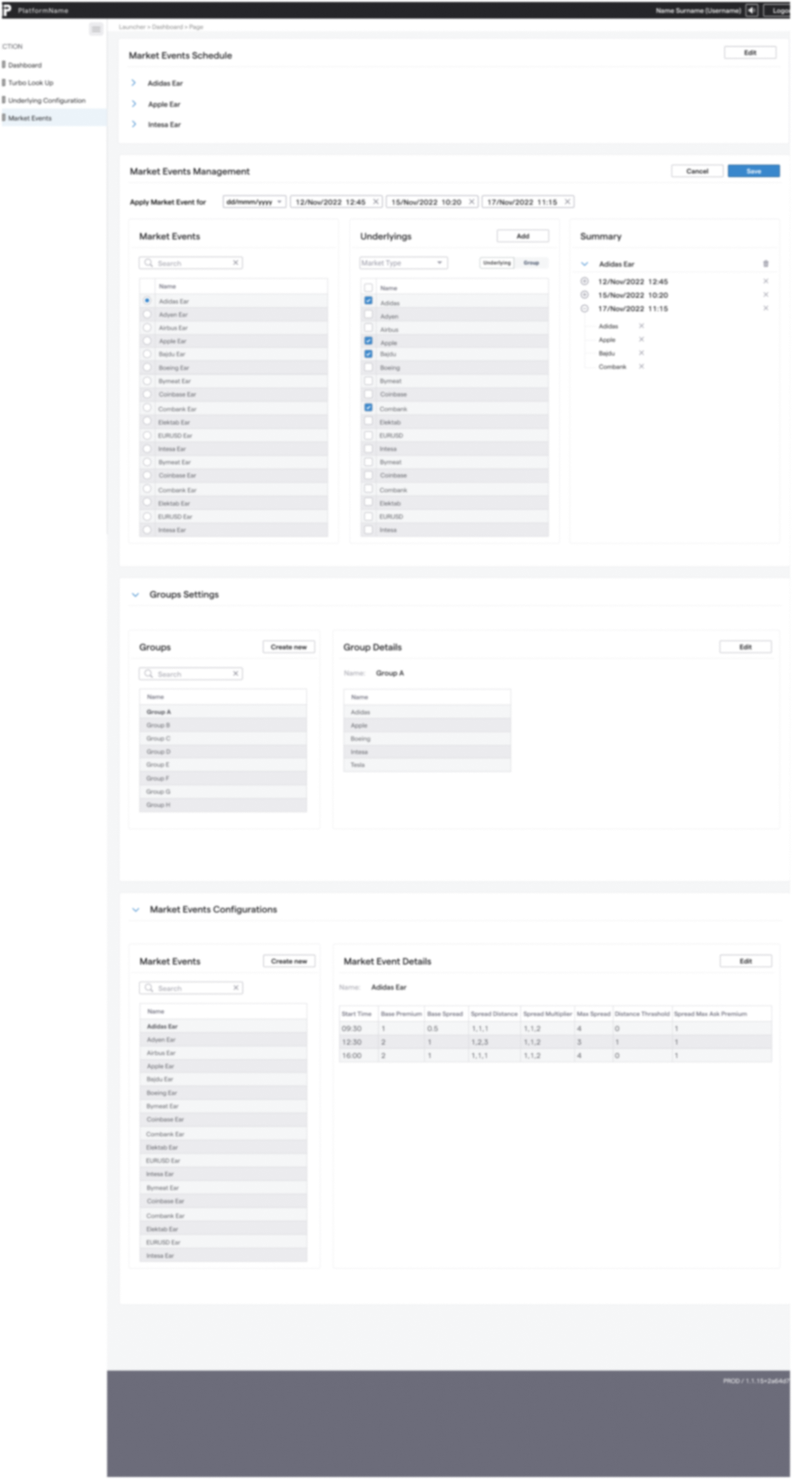 Market events management screen showing summary and configuration