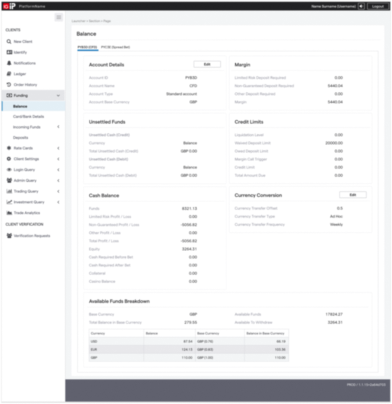 Balance view showing account funding, margin and available balance details
