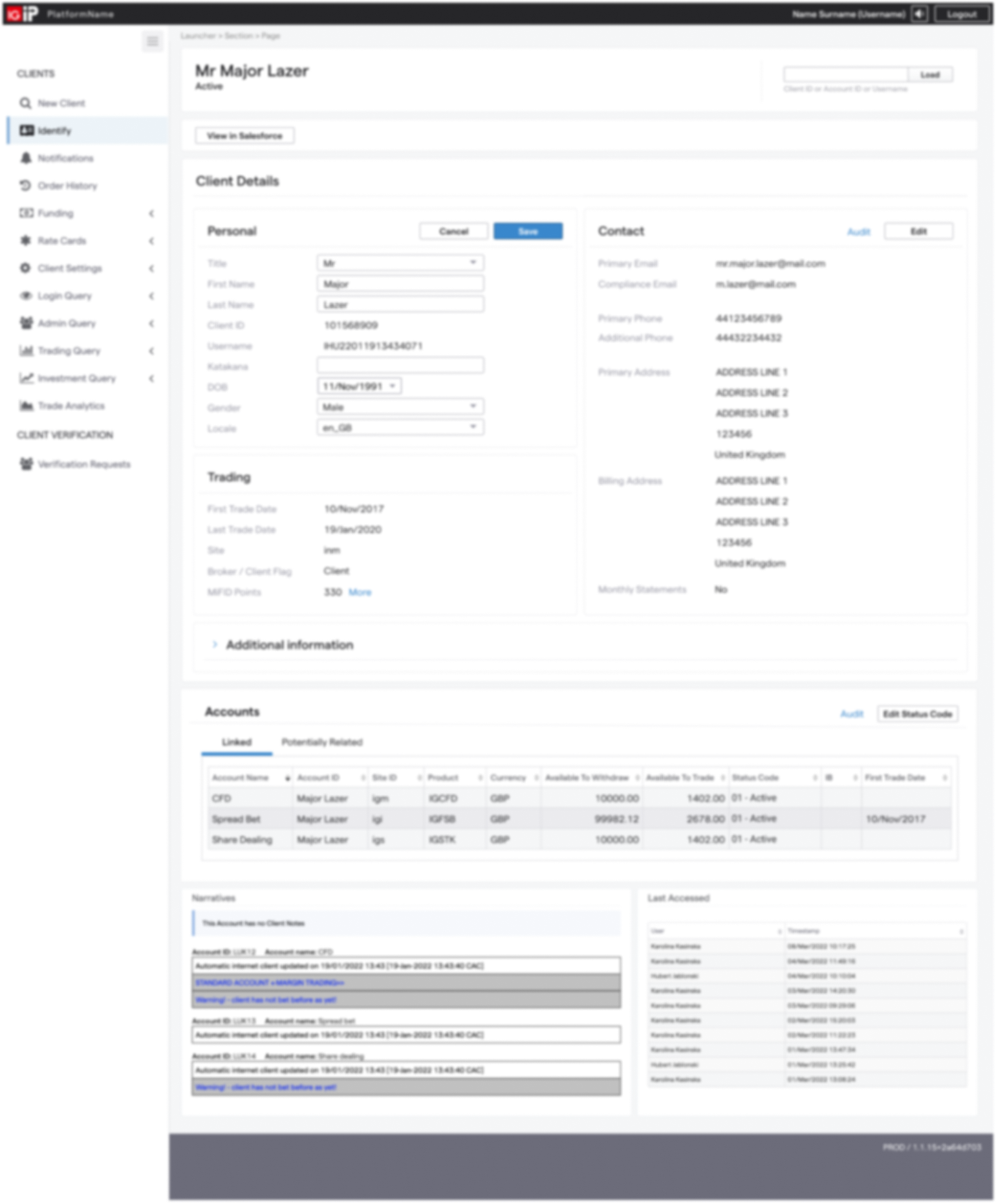 Editing workflow showing client details form with editable fields