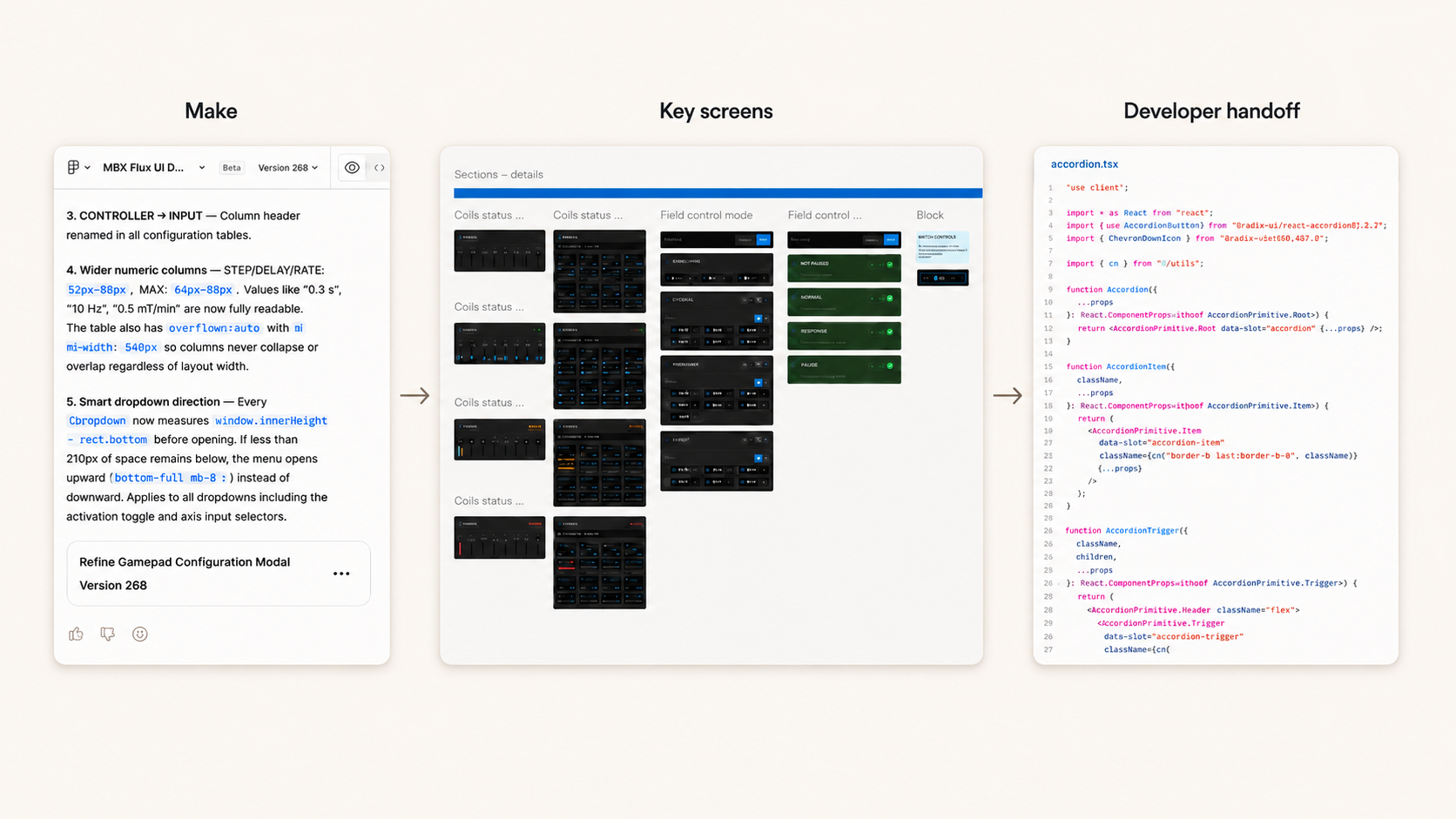 MBX Flux workflow from AI-assisted prototype to key screens and developer handoff