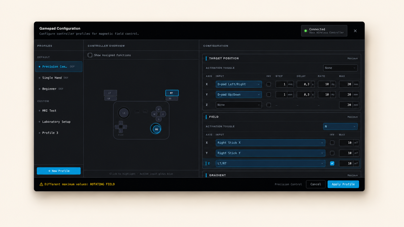 MBX Flux gamepad configuration screen for advanced controller mapping