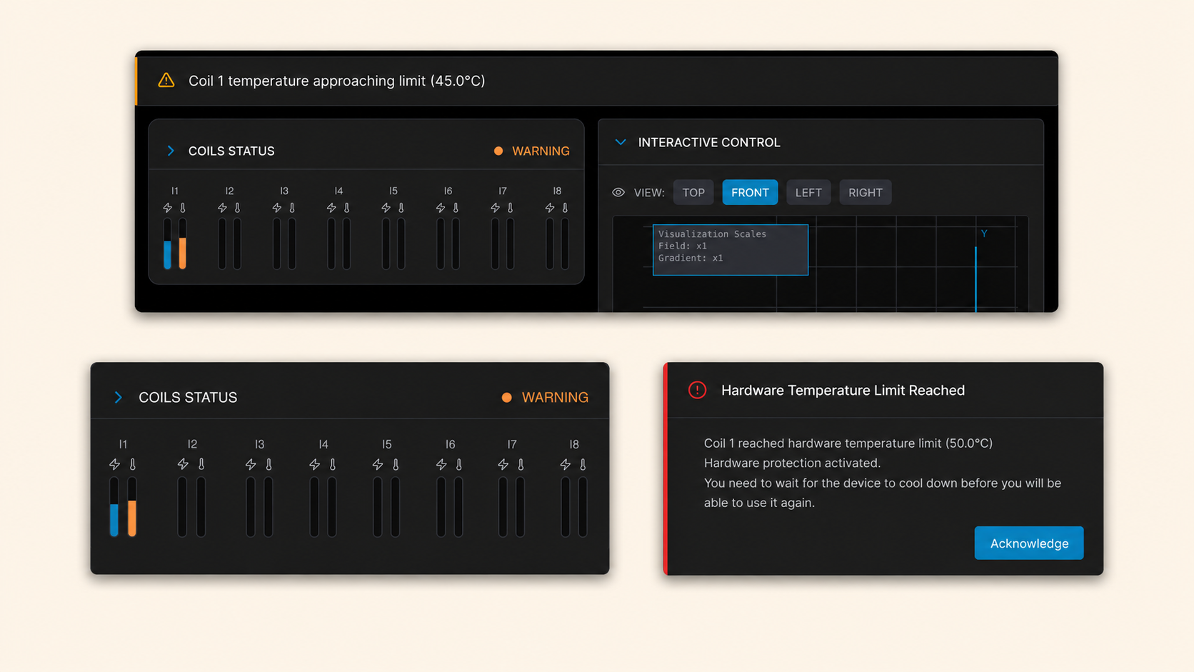 MBX Flux safety feedback states with warning banner and critical hardware temperature modal