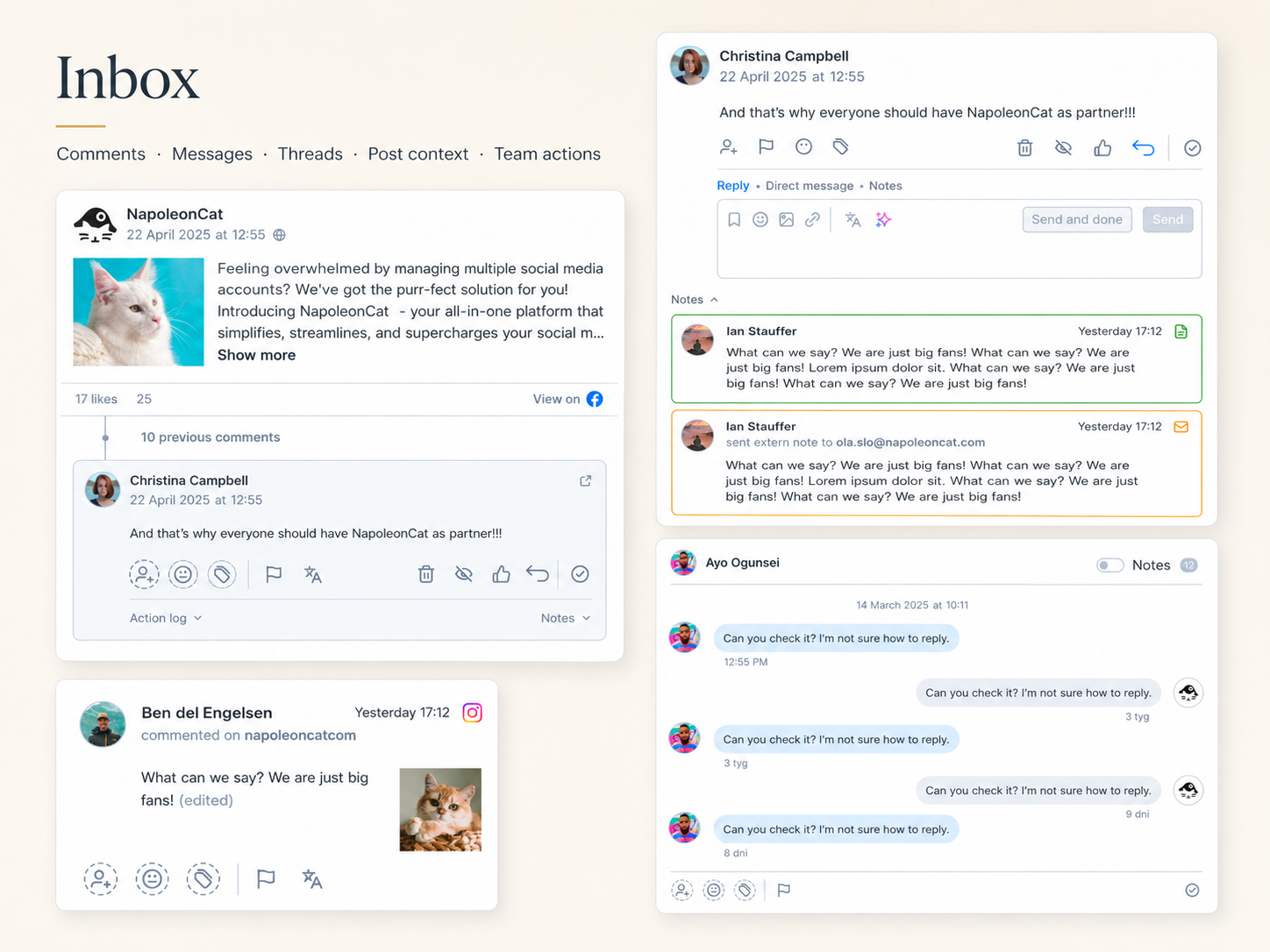 Inbox focus area showing comments, messages, threads, post context and team actions
