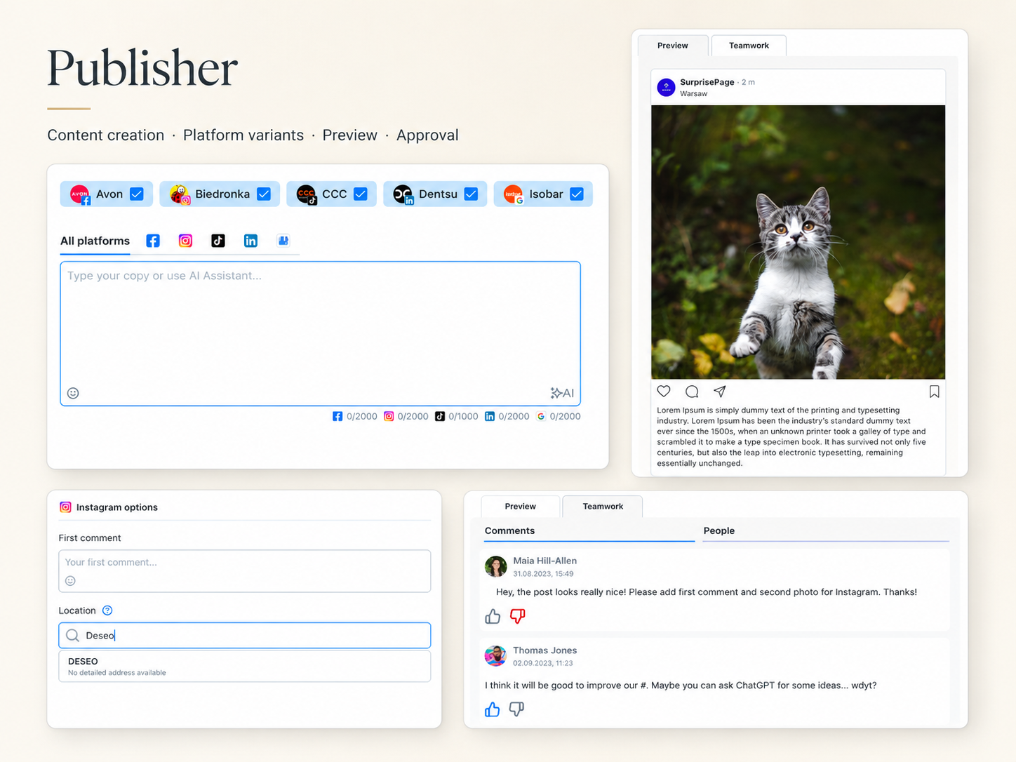 Publisher focus area showing content creation, platform variants, preview and approval